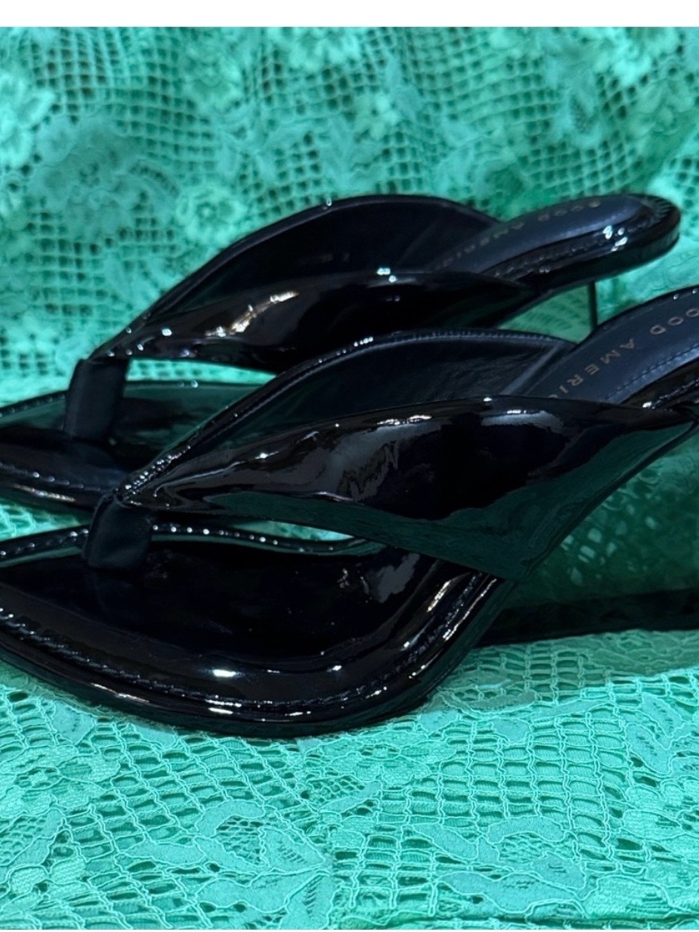 Good American Glossy Black Clear Heeled Sandals